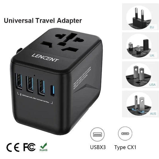 Global PowerMate: 4-in-1 Universal Travel Adapter with 3 USB & 1 Type-C PD Ports - Charge Anywhere, Anytime!