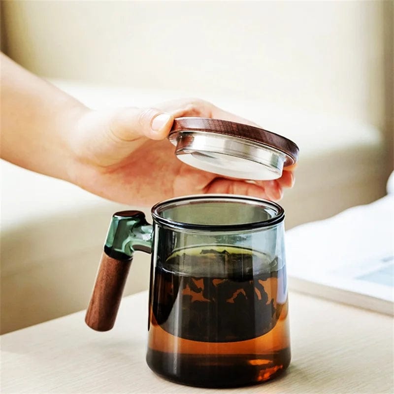 The Ultimate Tea Experience™: 400ml Walnut Wooden Handle Lid Filter Glass Tea Cup