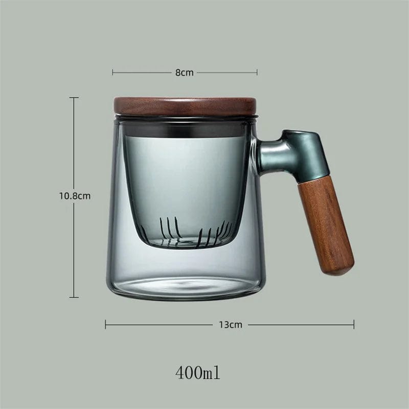 The Ultimate Tea Experience™: 400ml Walnut Wooden Handle Lid Filter Glass Tea Cup