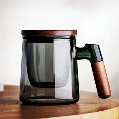 The Ultimate Tea Experience™: 400ml Walnut Wooden Handle Lid Filter Glass Tea Cup