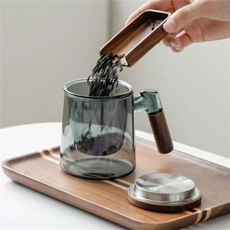 The Ultimate Tea Experience™: 400ml Walnut Wooden Handle Lid Filter Glass Tea Cup